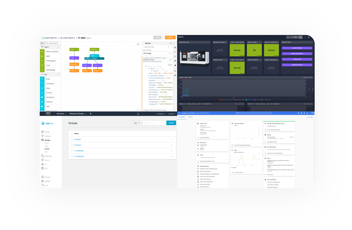 Four screenshots of various competitors' IoT management software offerings.