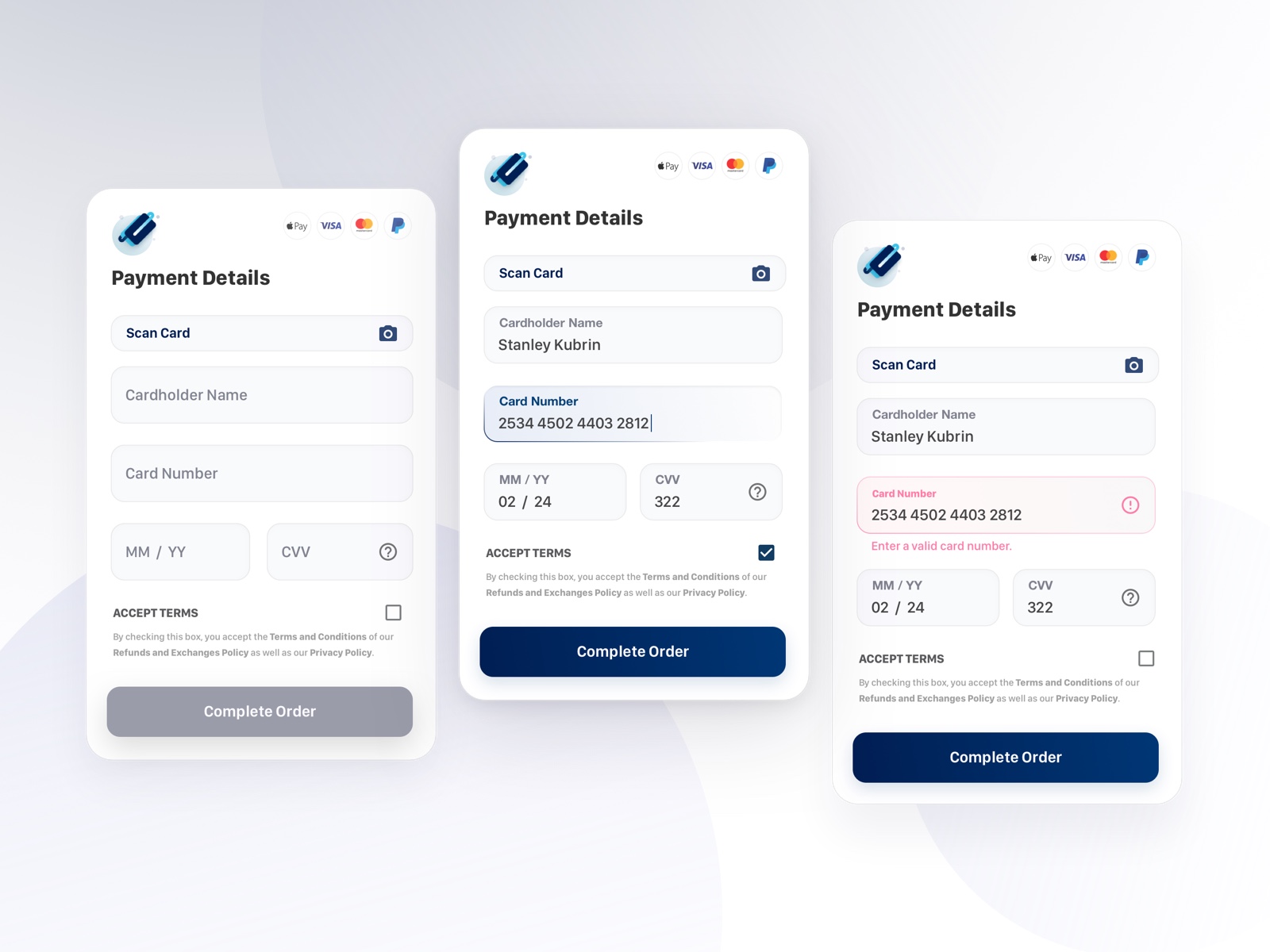 UI comp of 3 instances of the same payment widget, all in various states of error or success.