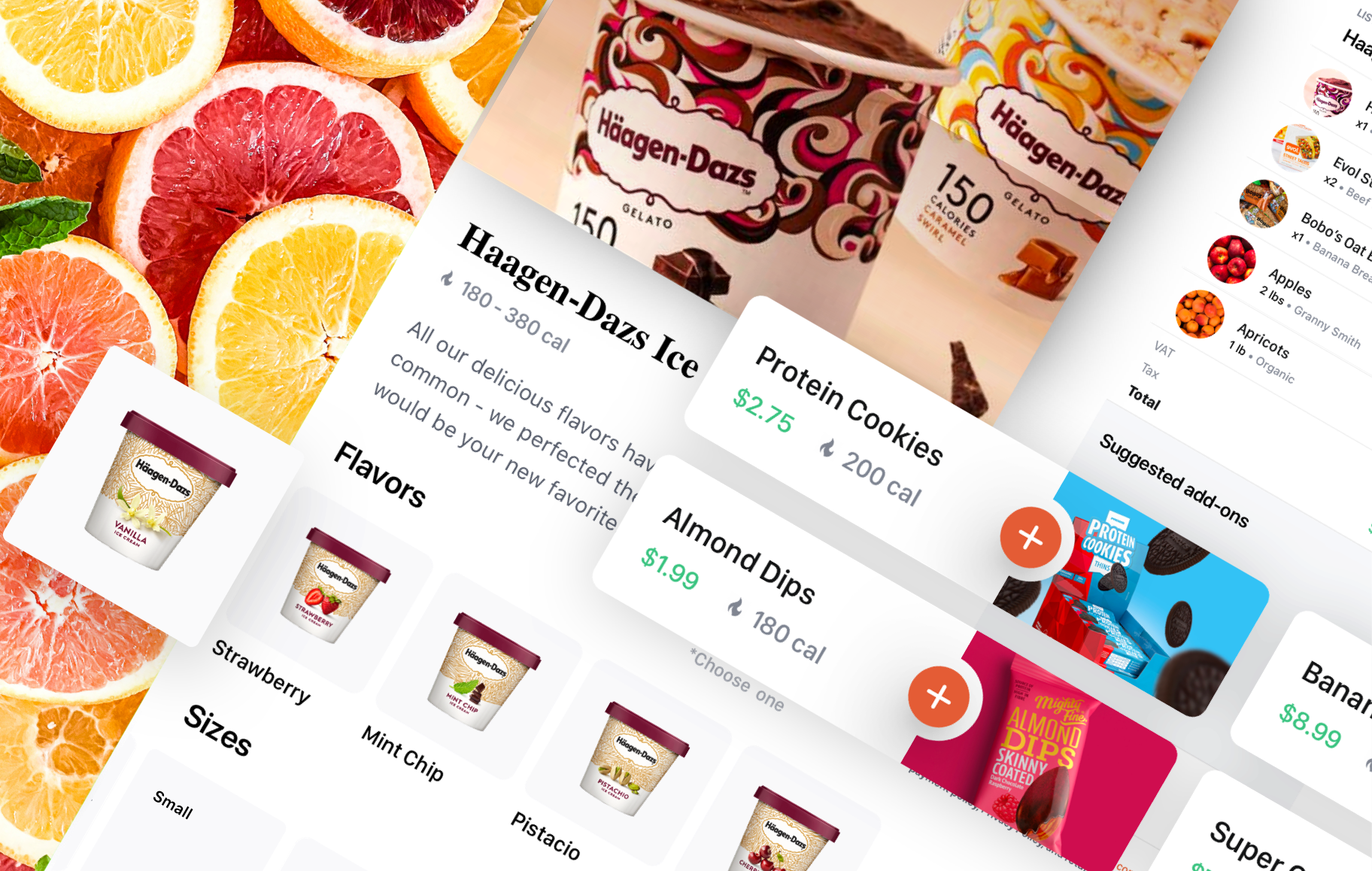 Collage of UI assets used for the motion design of goMrkt grocery app concept.