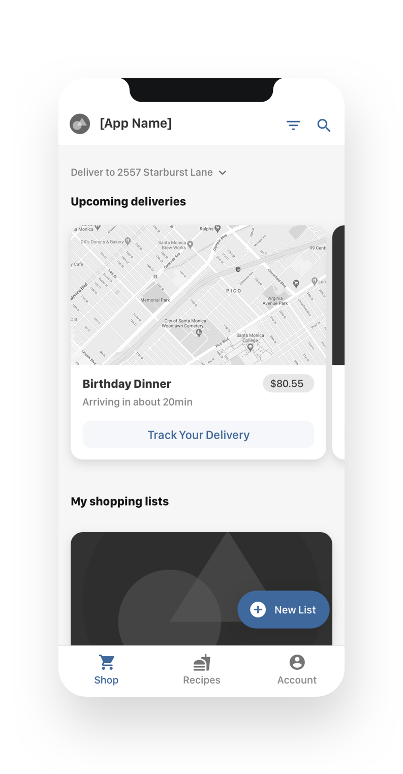 Wireframe of the Shopping tab which lists all the grocery lists the user has and any current orders out for deliver.