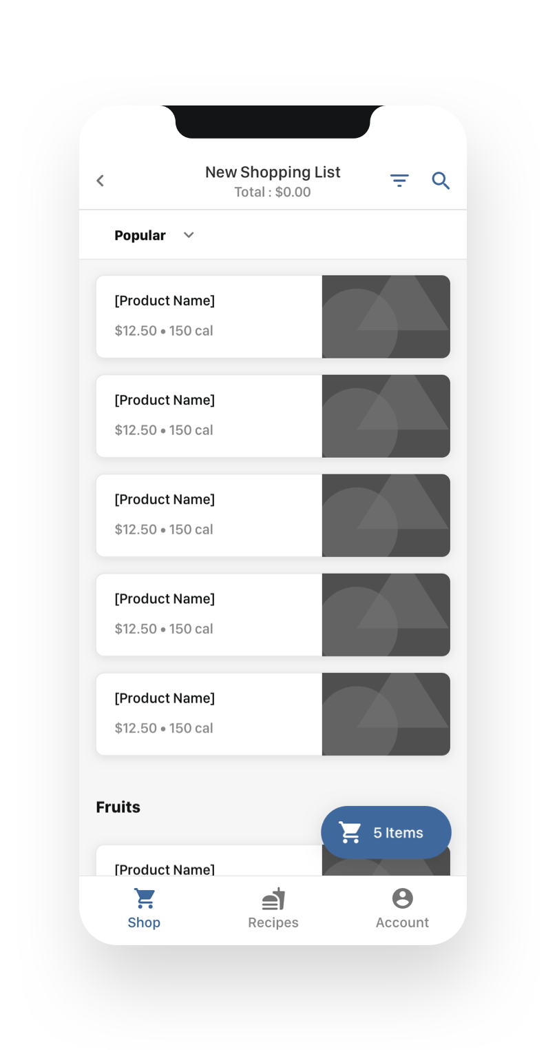 Wireframe of the Shopping tab which lists all the grocery lists the user has and any current orders out for deliver.