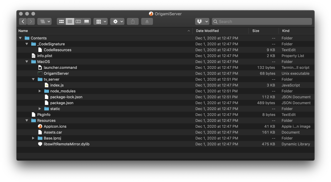 Screen capture of the Mac Finder, showcasing the folder structure required to make a a mac app.