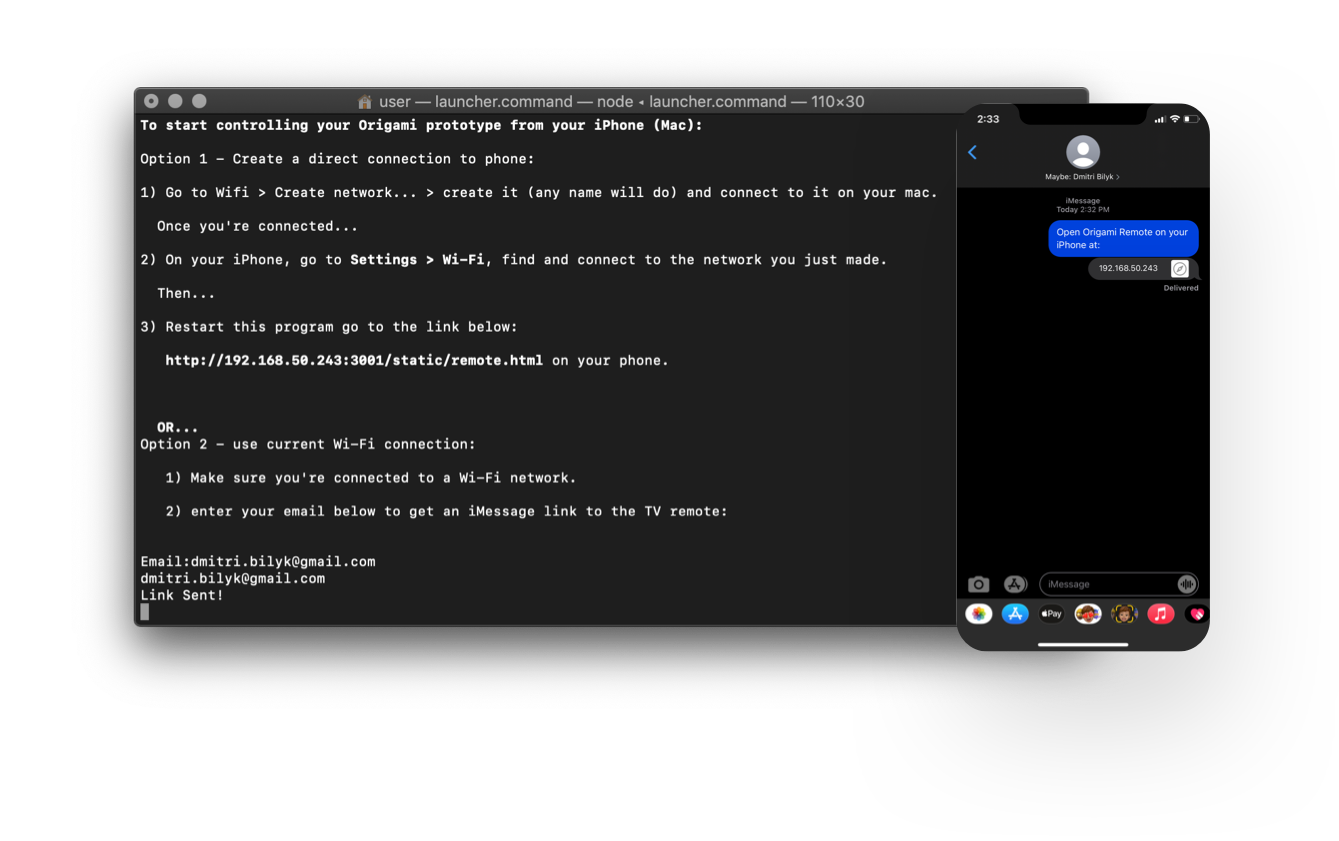 The terminal application that runs the server, alongside the iPhone iMessages app, showing the url the user recieves to launch the app remote.