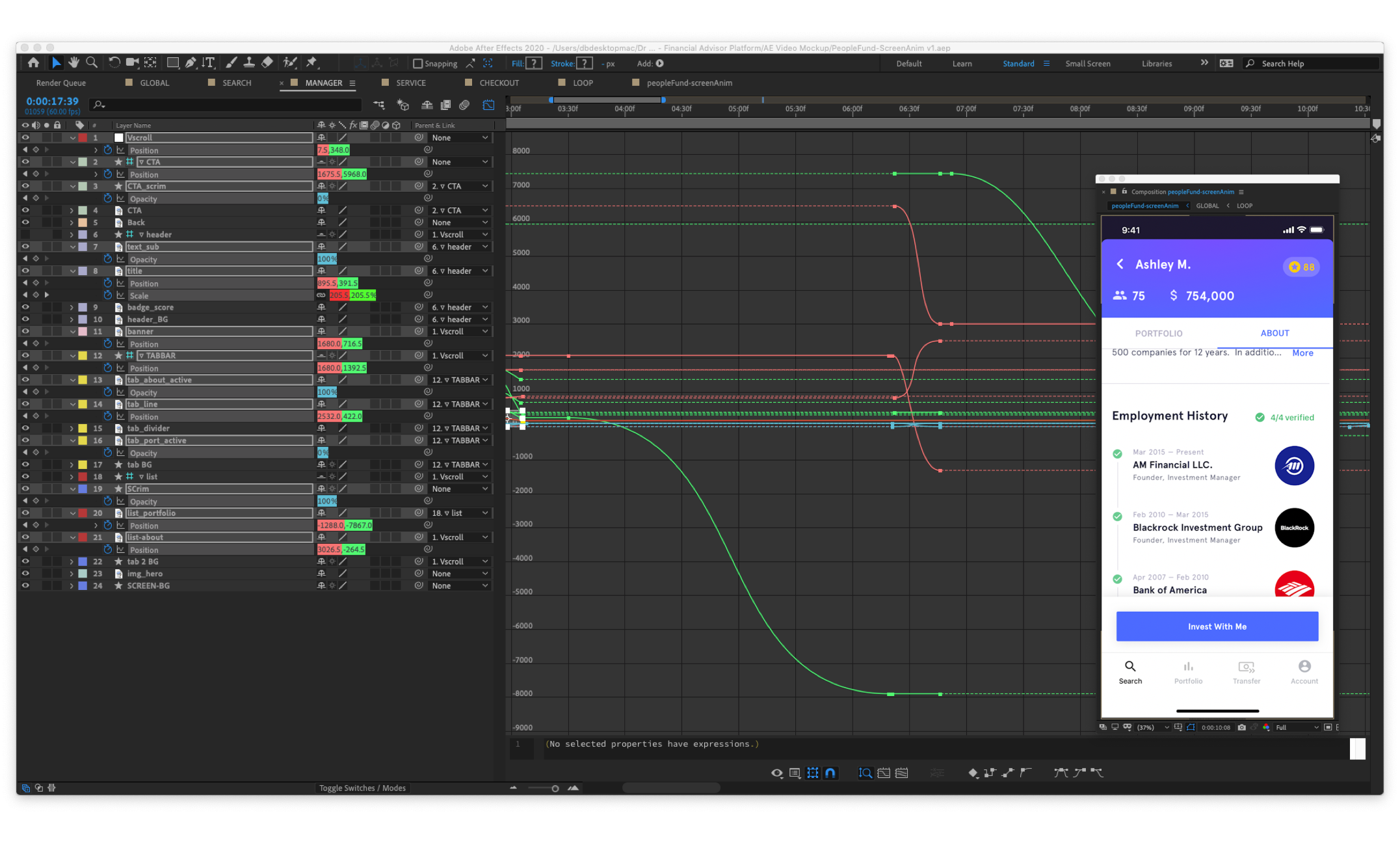 After Effects workspace showing aniamtion curves over time, and the rendered preview window.