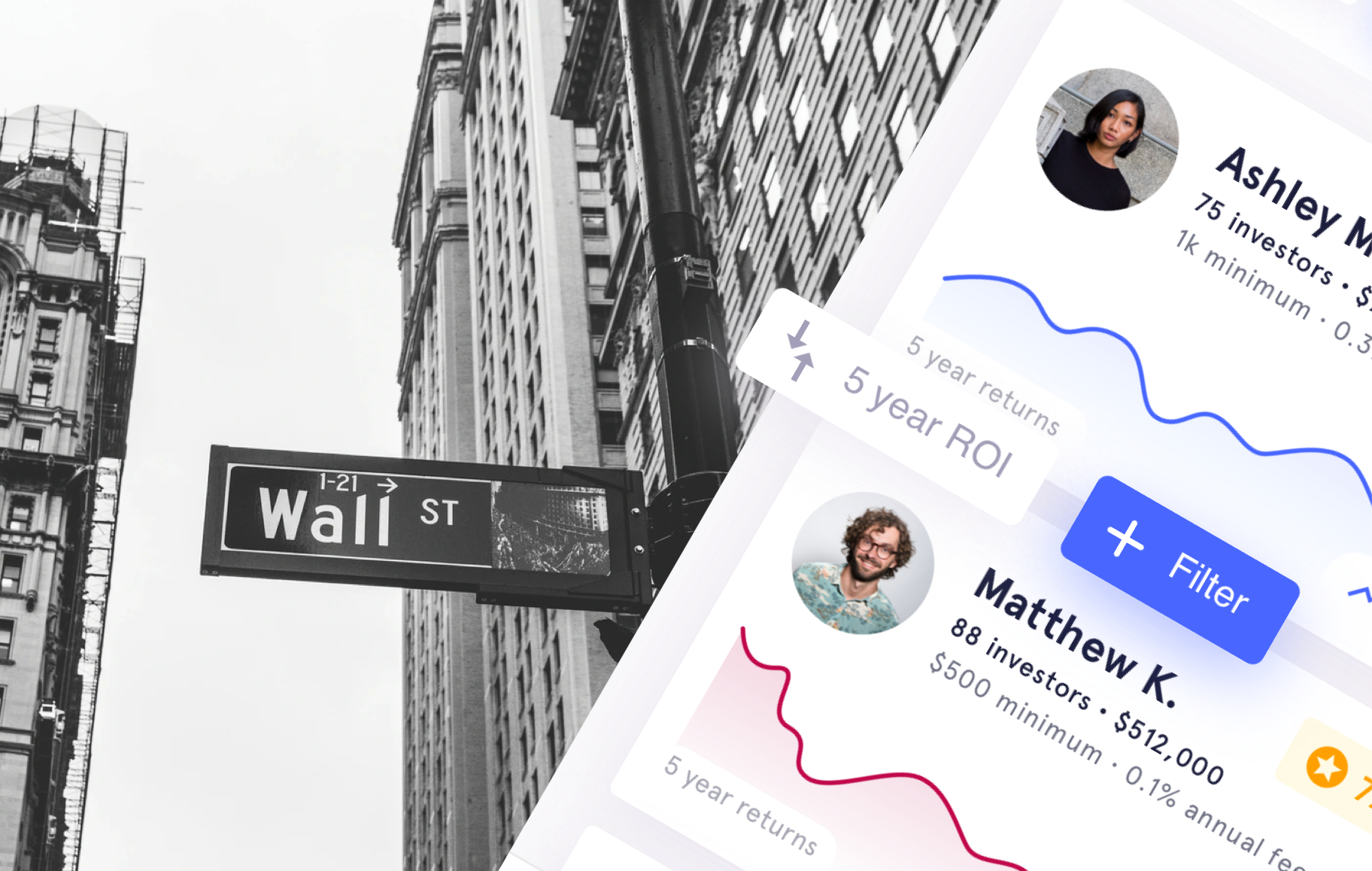 A collage of some hovering buttons on top of a diagonal 'Search managers' screen, with an image of New York's Wall St. sign on the left side of the image.