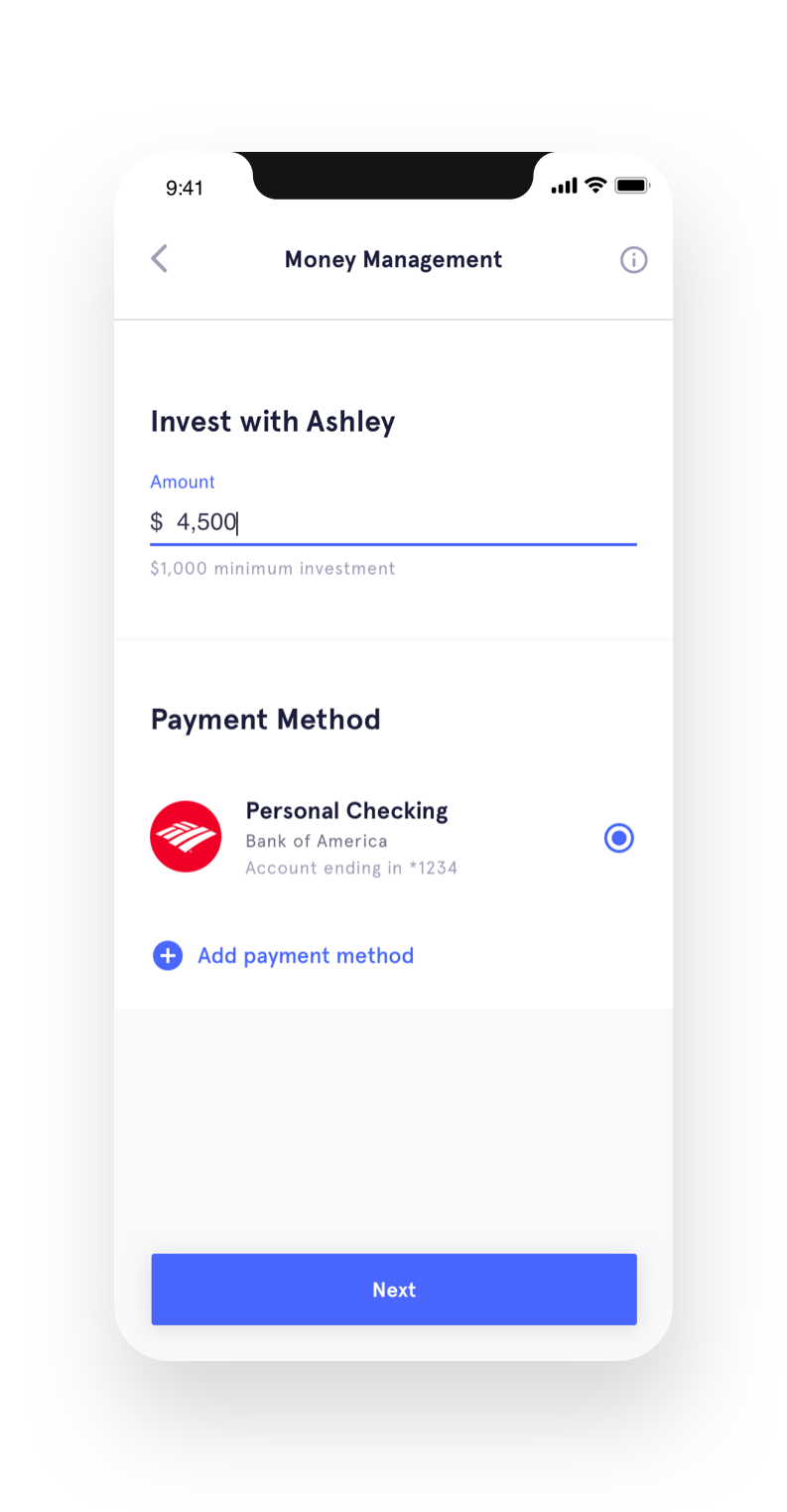 Final UI of the Checkout screen where the user sets the amount to transfer into the manager's fund.