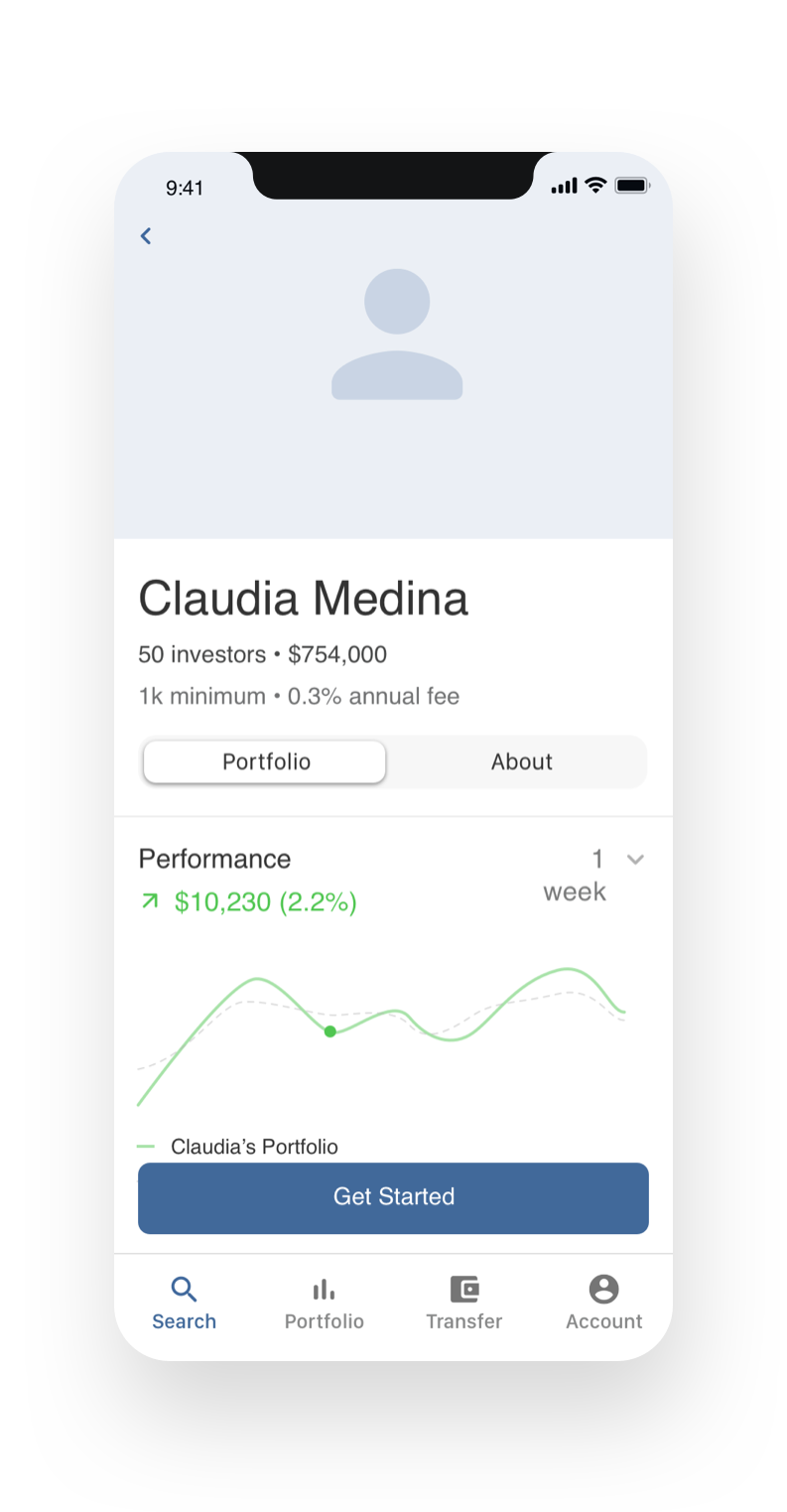 Wireframe of a manager's details page, on the 'portfolio' tab.  Users can see the historical performance, the current holdings in the fund, and additional details.