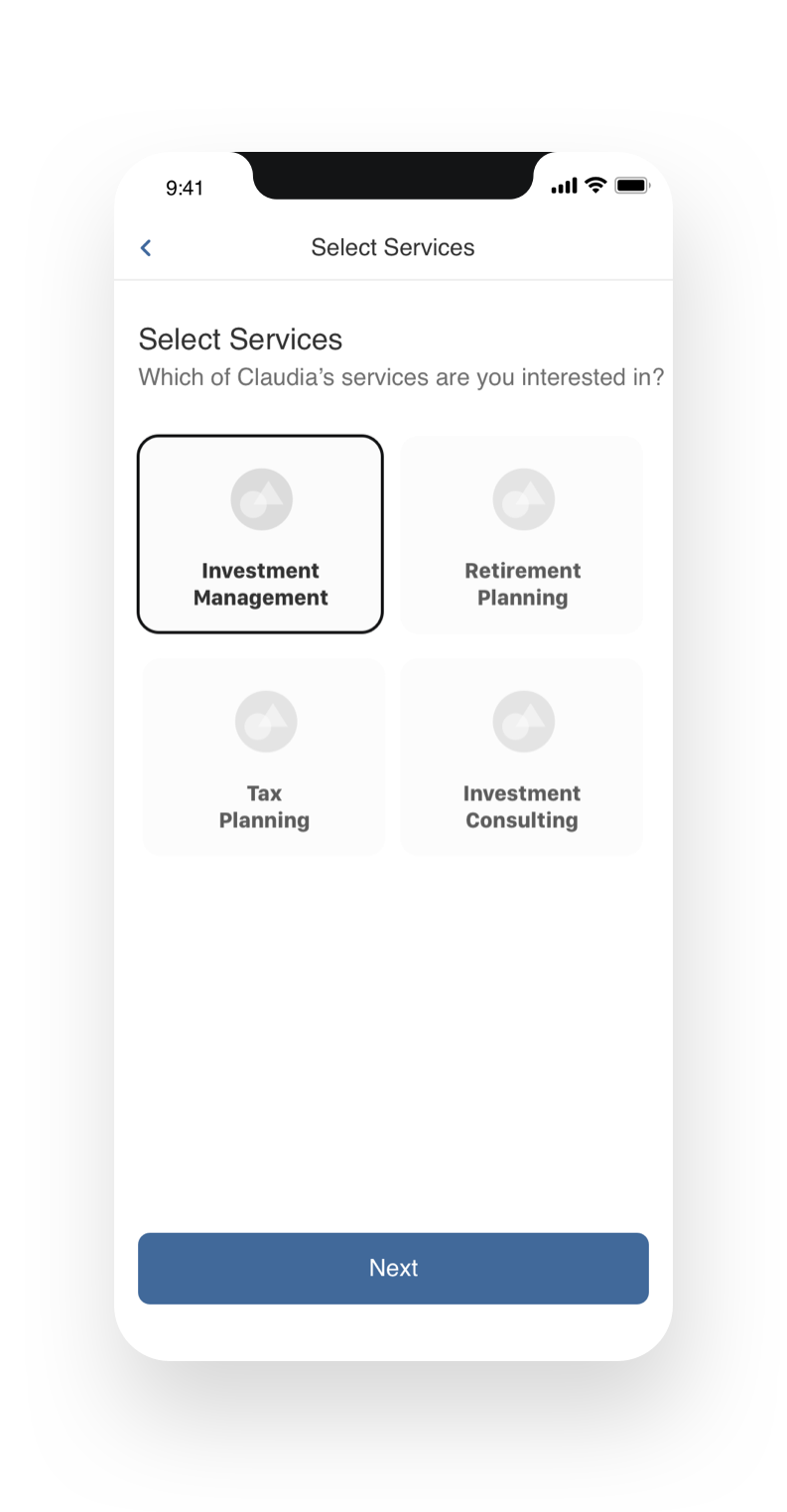 Wireframe after selecting this manager, it allows you to pick the services you'd like the manager to provide.