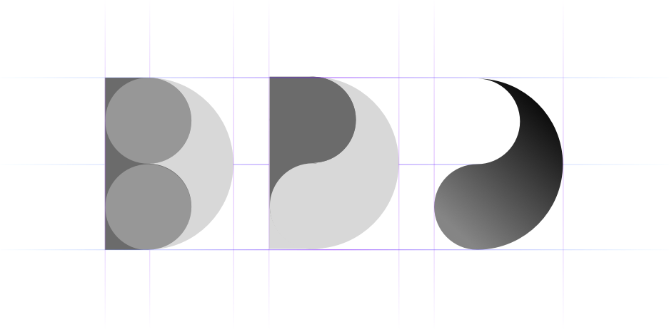 Three iterations of logo development, including blocking out using simple shapes and utilizing negative space.