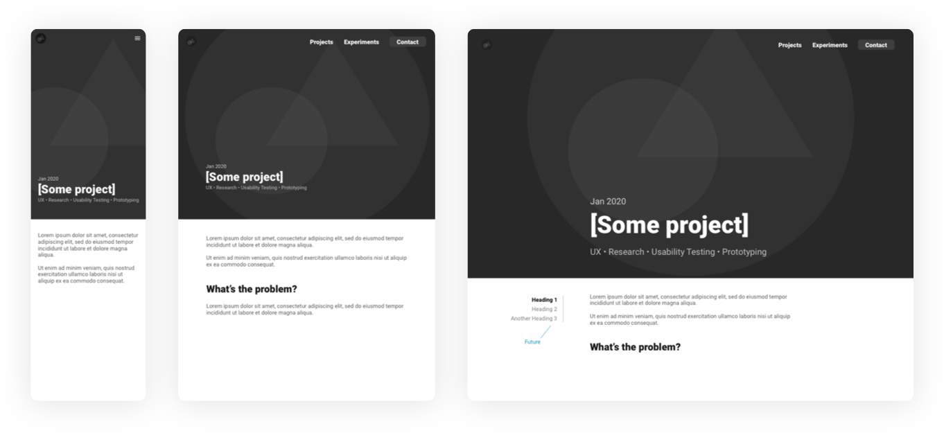 Wireframe of the project details header area in mobile, tablet and desktop breakpoints.