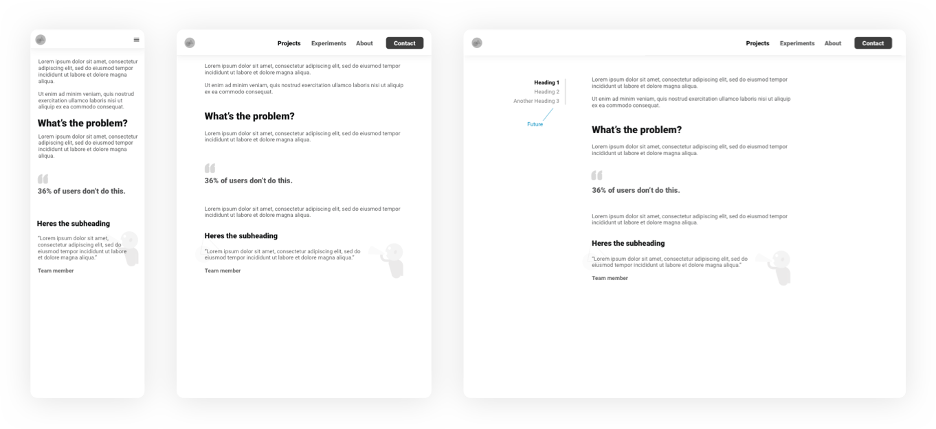 Mobile, desktop and tablet wireframe of project details headers, sub headers, block quotes, and paragraphs.