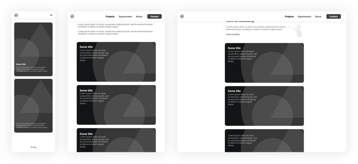 Wireframes of images with captions at each breakpoint.