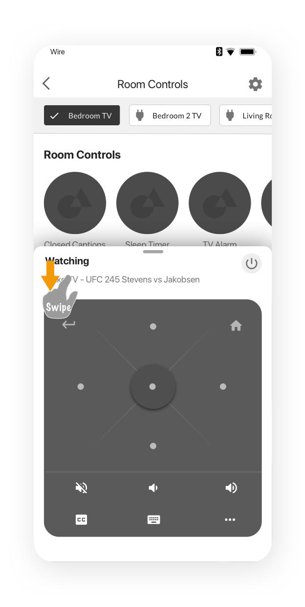 Concept idea for the software TV remote.  It's displayed as a drawer attached to the bottom of the screen, with a Dpad, and varous buttons that would be found on a hardware remote.