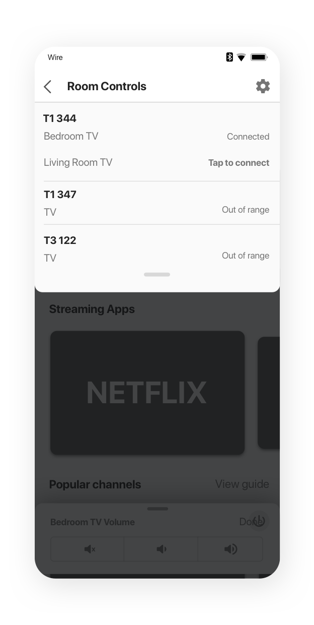 A concept for displaying multiple rooms that the user has on their reservation that they can connect to.  It's a top sheet with room names and CTAs.