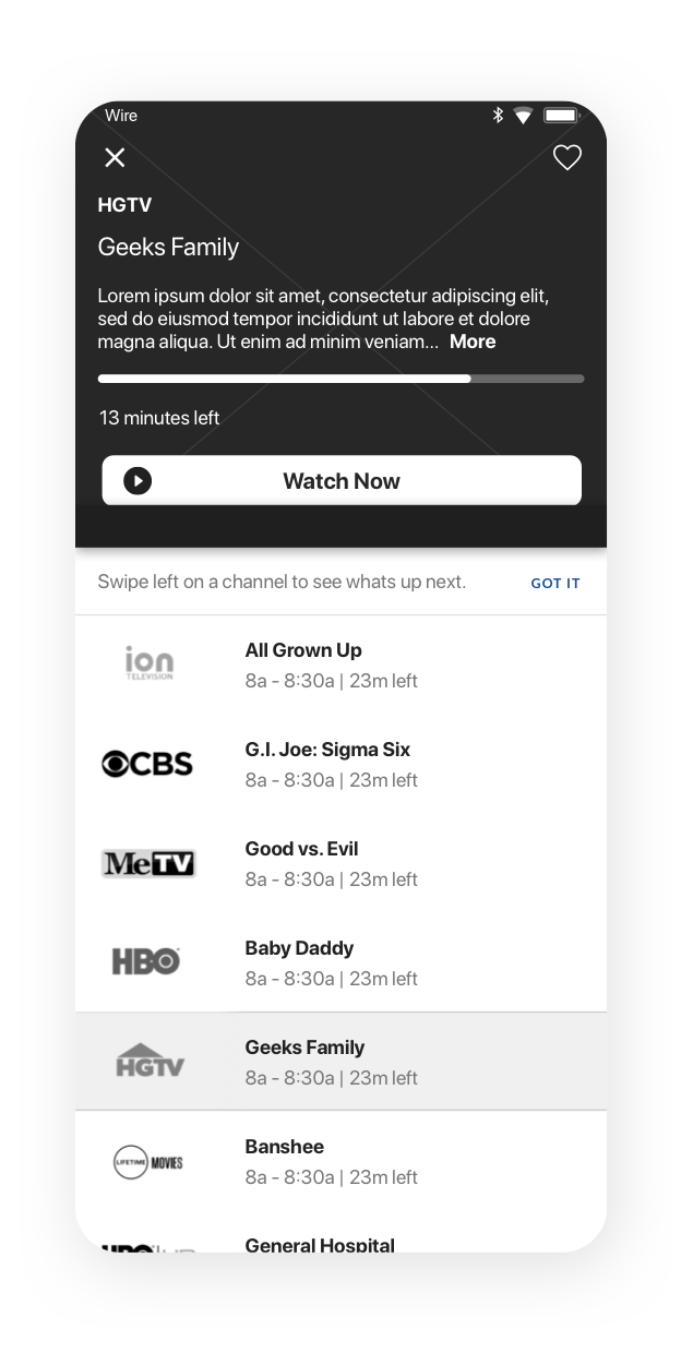 TV guide wireframe showing a fixed header with the metadata for currently selected channel, as well as a scrolling list of channels underneath.