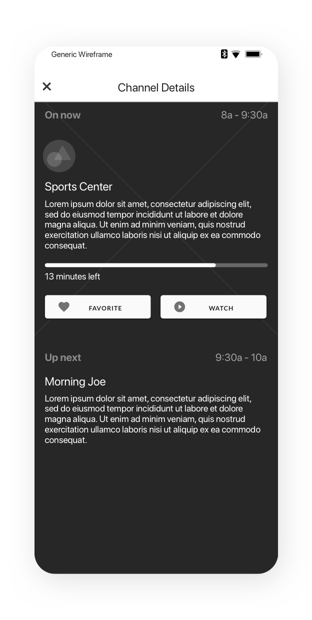 Channel details  wireframe showing what's currently on and what's coming on next.