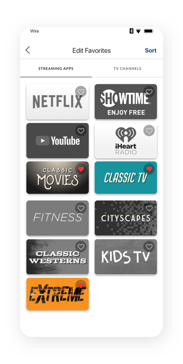 Edit favorites wireframe with streaming app logos arranged in a grid, with each one being clickable.