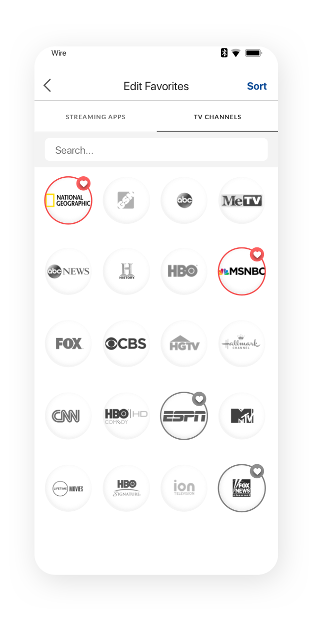 Edit favorites screen, with the 'channels' tab selected and a grid of channels logos in circles.